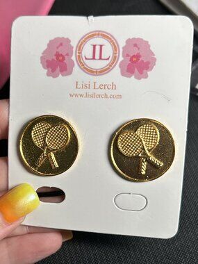 NWT Lisi Lerch Gold Tennis Racket Coin Stud Earrings Preppy Country Club